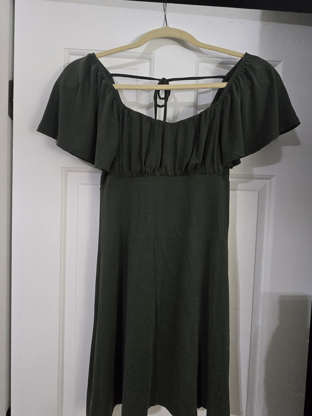 Blue Rain Off-Shoulder Flutter Mini Dress in Olive